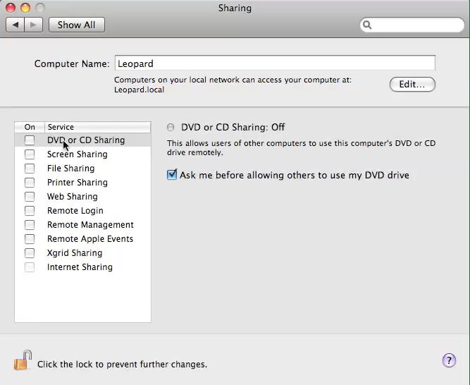 Sharing your CD or DVD drive in Leopard 10.5.2 or higher only
